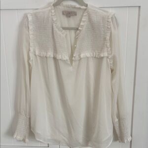LOFT Ivory Ruffle Blouse with Smocked Sleeves